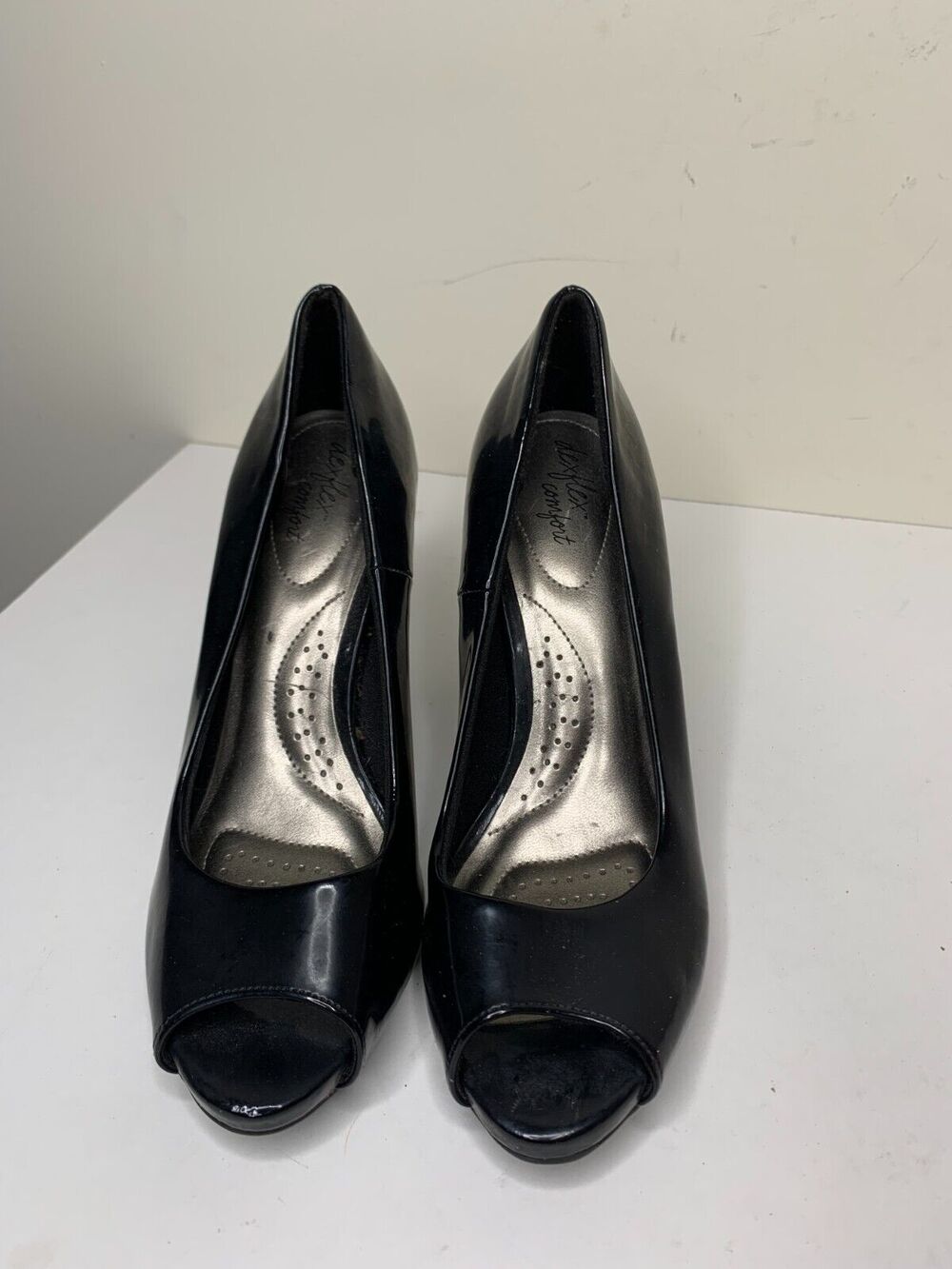Dexflex Comfort Klue Womens Size 6.5 Open Toe Heel Shoes Black Shiny
